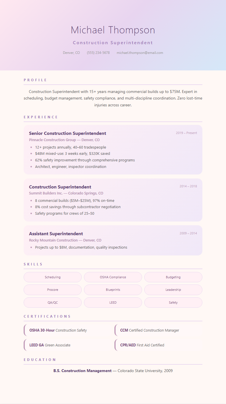 Pastel soft construction superintendent resume